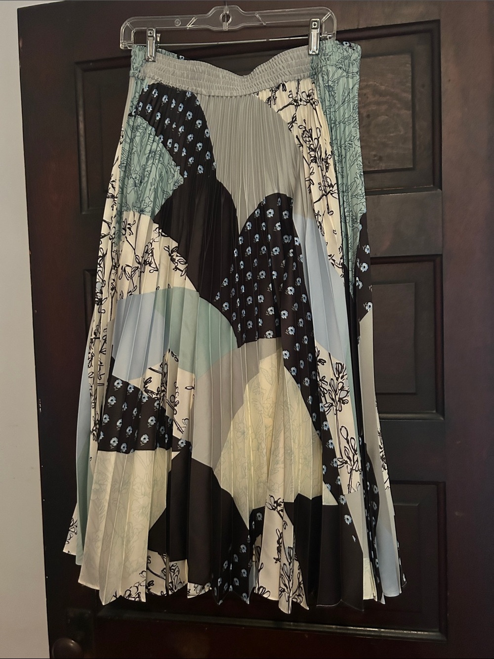 Club Monaco Pleated Patchwork Midi Skirt in Black, White & Pale Blue